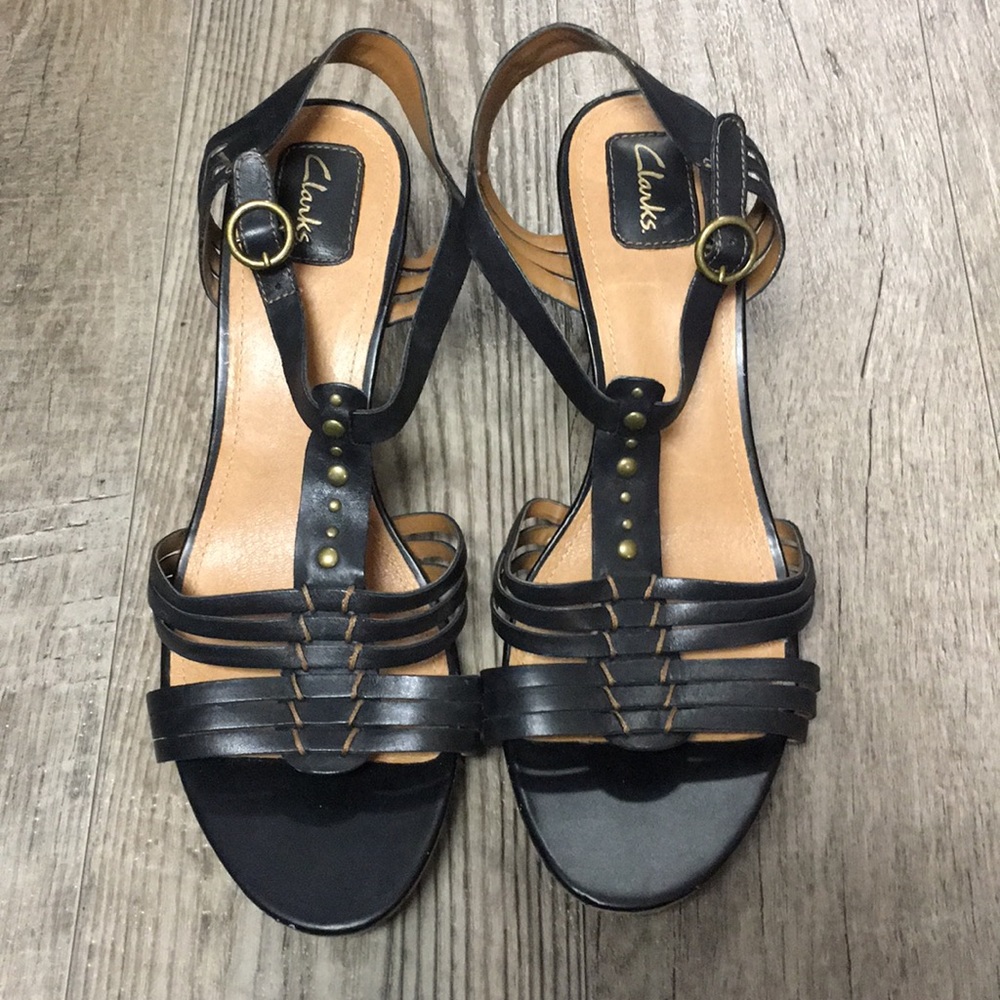 Fun Clark Wedges! - Black Leather, Cork, Size 11M